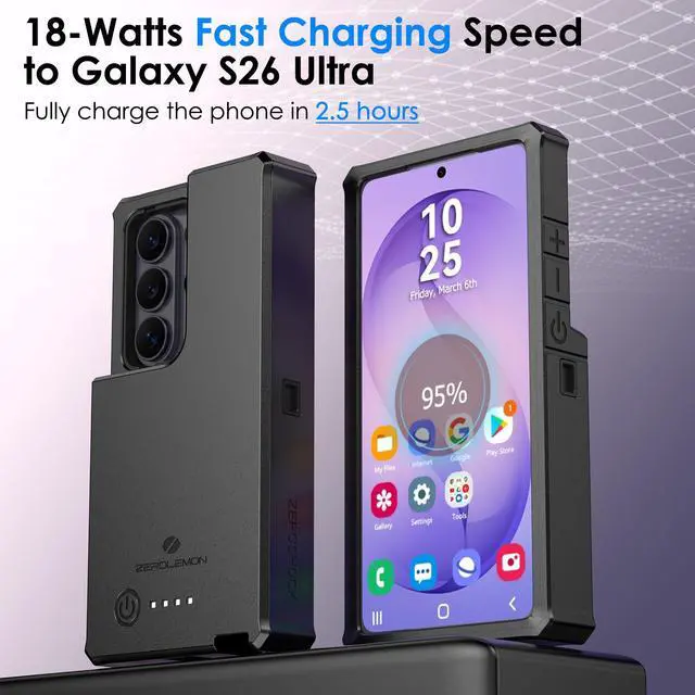Alt view image 2 of 7 - ZEROLEMON Battery Case for Galaxy S26 Ultra 10000mAh | 18W Charging Power| Full-edge Protection | ZeroShock Extended Charger Case Cover for Samsung S26 Ultra