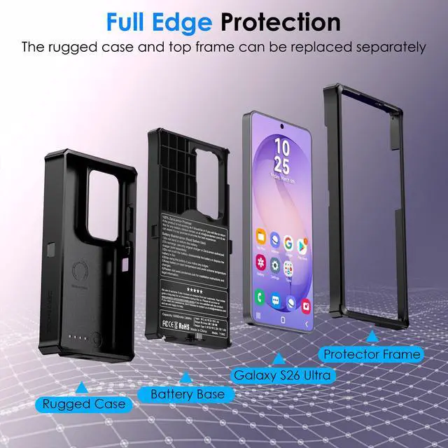 Alt view image 4 of 7 - ZEROLEMON Battery Case for Galaxy S26 Ultra 10000mAh | 18W Charging Power| Full-edge Protection | ZeroShock Extended Charger Case Cover for Samsung S26 Ultra