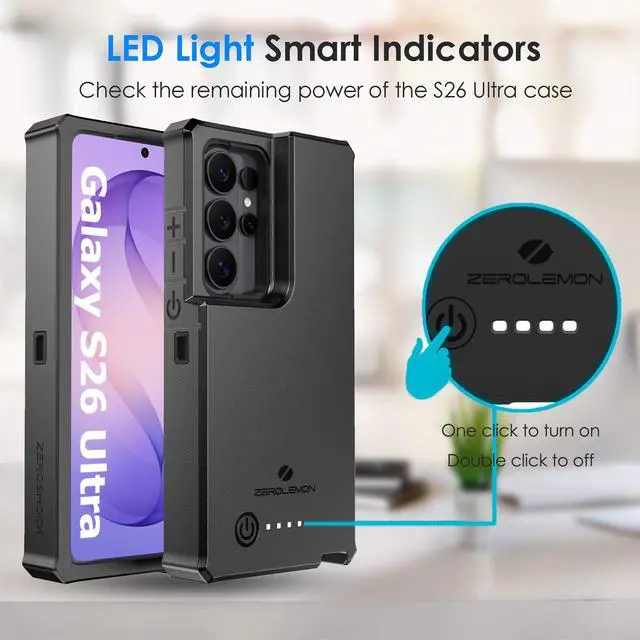 Alt view image 6 of 7 - ZEROLEMON Battery Case for Galaxy S26 Ultra 10000mAh | 18W Charging Power| Full-edge Protection | ZeroShock Extended Charger Case Cover for Samsung S26 Ultra