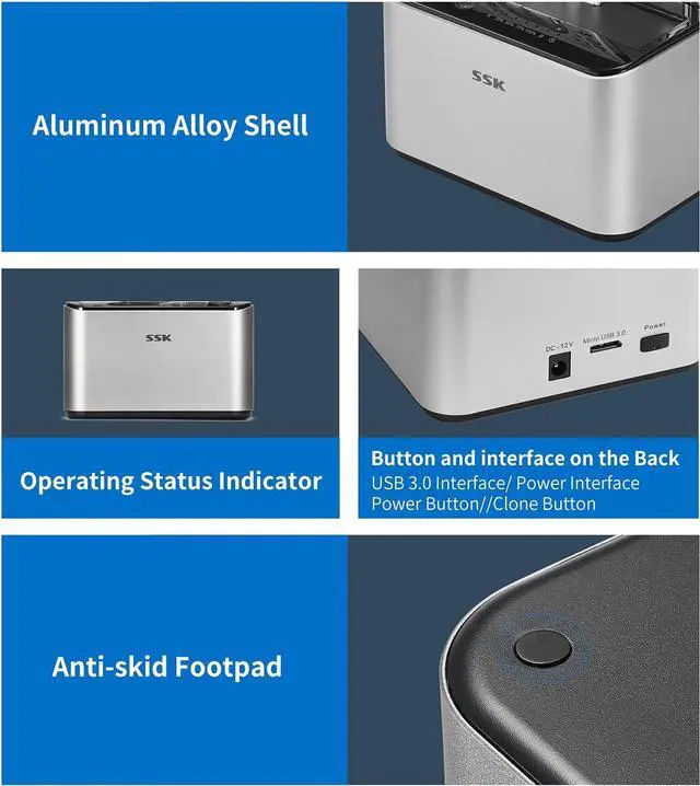Alt view image 6 of 6 - SSK Aluminum Hard Drive Docking Station, USB 3.0 to SATA Dual Bay External HDD Dock Caddy Reader for 2.5 & 3.5 inch SATA HDD SSD, with UASP Offline Cloner/Duplicator Function(2x16TB Supports)