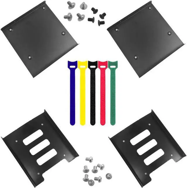 Main image of 4 Pack SSD Mounting Bracket Kit 2.5 to 3.5 Drive Bay Metal Mounting Bracket Adapter Hard Drive Holder with 10 Assorted Colors Reusable Cord Organizer