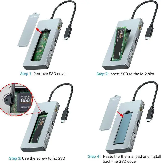 Alt view image 3 of 7 - TDBT USB-C Hub with M.2 SATA SSD Enclosure, Built-in M.2 Hard Drive Slot, HDMI 4K 60Hz + VGA + Ethernet + 100W PD Fast Charging + USB 3.0 Type-C Docking Station, for MacBook Pro 16-inch/Laptop/iPad