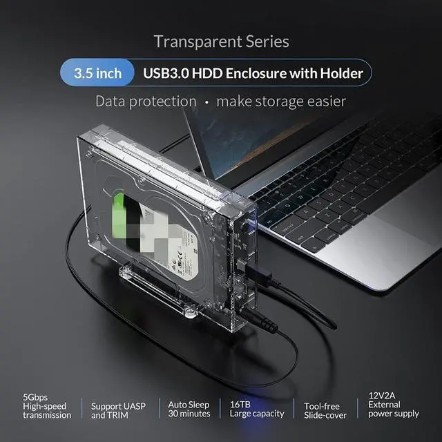 Alt view image 5 of 6 - WUDILU Transparent 3.5 HDD Enclosure for 2.5/3.5'' SSD HDD Box Hard Disk Case SATA to USB3.0 HDD Docking Station Support 16TB