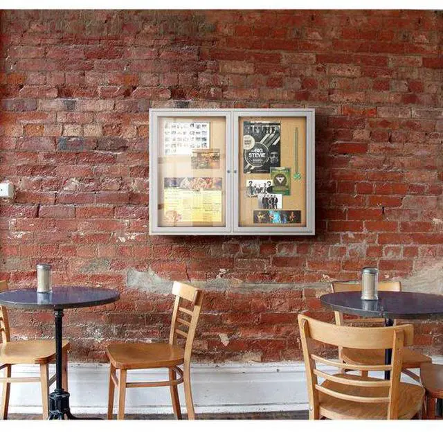 Alt view image 7 of 12 - Ghent PA34896K  3 Door Enclosed Natural Cork Bulletin Board with Satin Frame - 96" x 48" - Tan Surface, Satin Aluminum Frame
