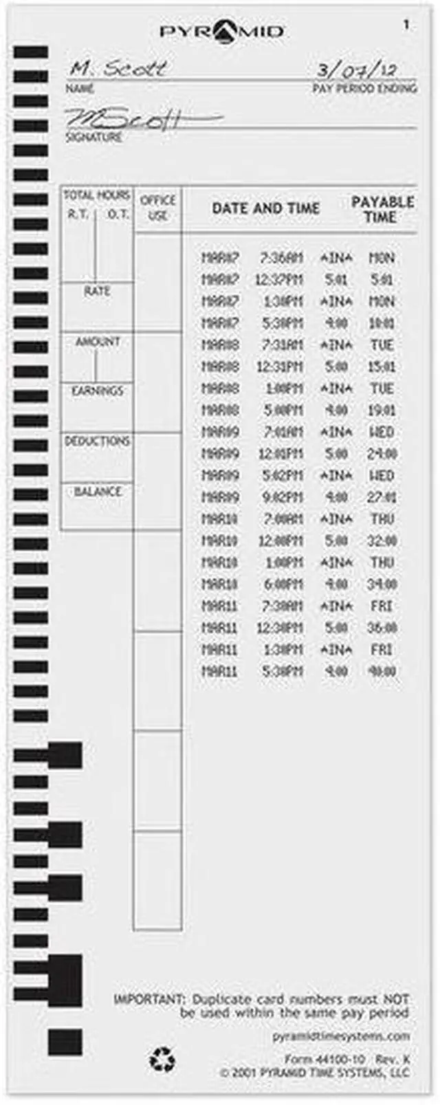 Alt view image 7 of 7 - PYRAMID 44100-10 Time Card,PK100