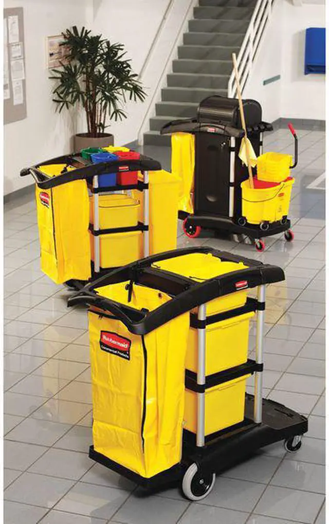 Alt view image 5 of 7 - RUBBERMAID FG9T7300BLA Microfiber Janitor Cart,Black,Plstc/Alum