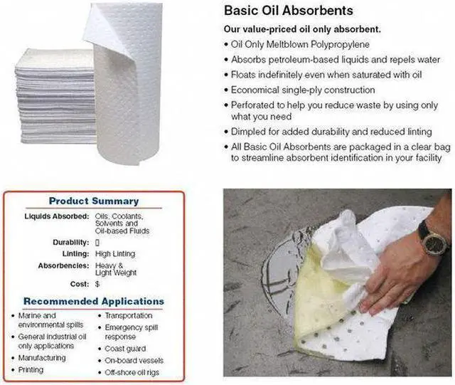 Alt view image 5 of 5 - BRADY BPO200 Sorbent Pad, 34 gal, 15 in x 17 in, Oil, White, 200 PK