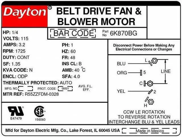 Alt view image 2 of 2 - DAYTON 6K870 Split-Phase Start/Capacitor-Run Belt Drive Motor, 1/4 HP, 48