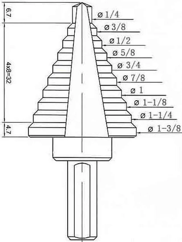 Alt view image 3 of 3 - Step Drill Bit, 10 Hole, 1/4 to 1-3/8 In