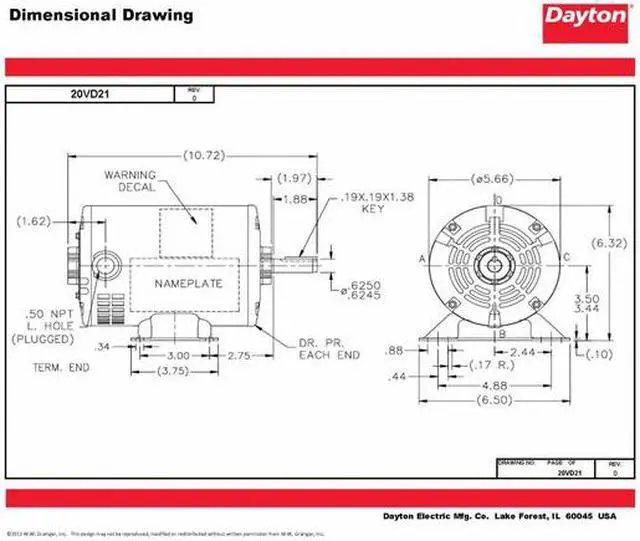 Alt view image 2 of 6 - DAYTON 20VD21 3-Phase General Purpose Motor, 1/4 HP, 56 Frame, 230/460V AC