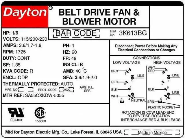 Alt view image 2 of 2 - DAYTON 3K613 Split-Phase Belt Drive Motor, 1/6 HP, 48 Frame, 115/208-230V AC