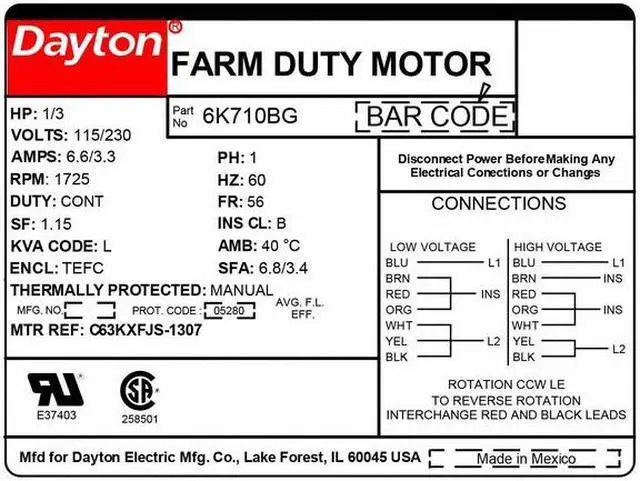 Alt view image 2 of 4 - DAYTON 6K710 Farm Dty Mtr,CapStrt,TEFC,1/3hp,1725rpm