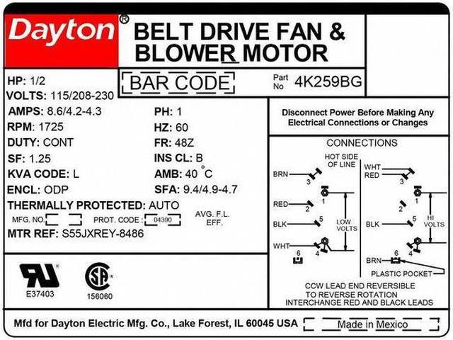 Alt view image 2 of 3 - DAYTON 4K259 Split-Phase Belt Drive Motor, 1/2 HP, 48Z Frame, 115/208-230V AC