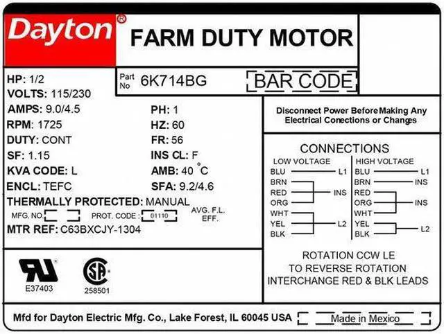 Alt view image 2 of 4 - DAYTON 6K714 Farm Dty Mtr,CapStrt,TEFC,1/2hp,1725rpm