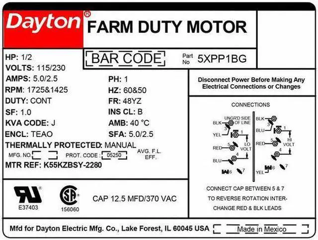 Alt view image 2 of 2 - DAYTON 5XPP1BG Farm Duty Mtr,PSC,TEAO,1/2 HP,1725 RPM