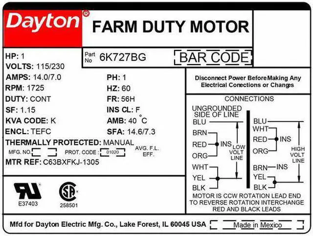 Alt view image 3 of 4 - DAYTON 6K727 Farm Duty Mtr,Cap Start,TEFC,1hp,1725rpm