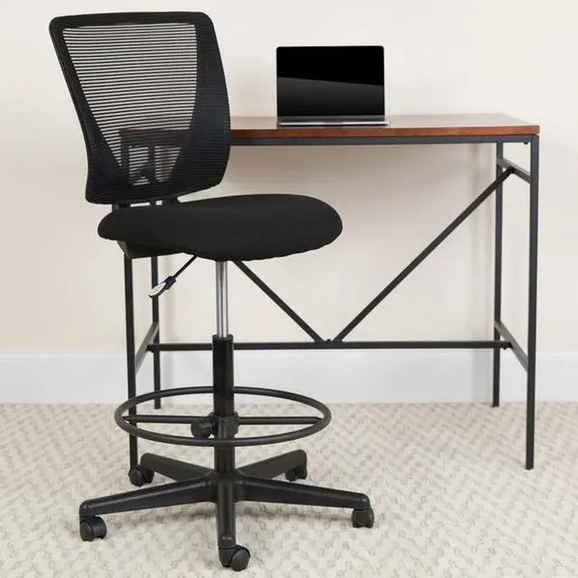 Alt view image 17 of 20 - Ergonomic Mid-Back Mesh Drafting Chair with Black Fabric Seat and Adjustable Foot Ring
