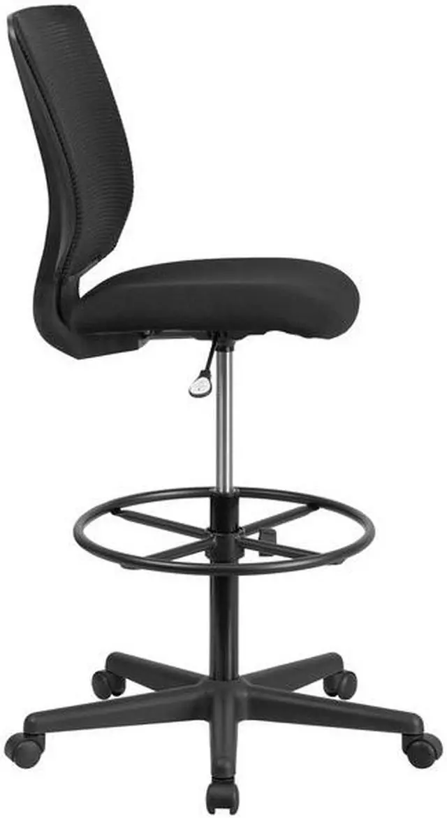 Alt view image 18 of 20 - Ergonomic Mid-Back Mesh Drafting Chair with Black Fabric Seat and Adjustable Foot Ring