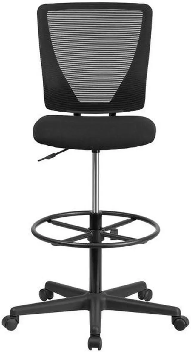 Alt view image 20 of 20 - Ergonomic Mid-Back Mesh Drafting Chair with Black Fabric Seat and Adjustable Foot Ring