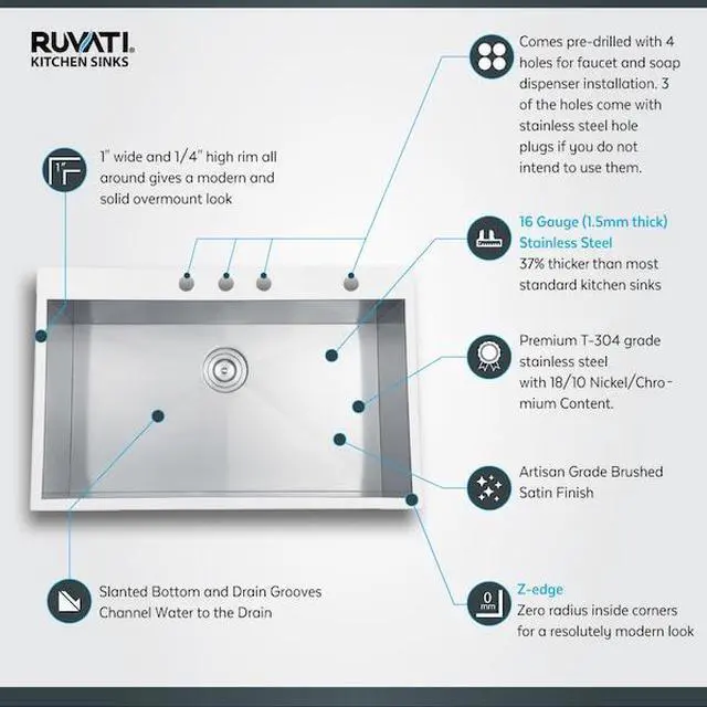 Alt view image 3 of 12 - ruvati 33 x 22 inch dropin topmount 16 gauge zeroradius stainless steel kitchen sink single bowl  rvh8001