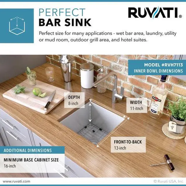 Alt view image 4 of 7 - RUVATI RVH7113 13"x15" Undermnt 16 Ga Zero Radius Bar Prep Kitchen Sink SS Sngl