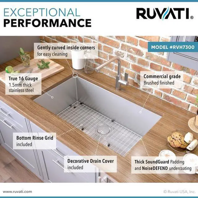 Alt view image 11 of 15 - Ruvati 16-gauge Stainless Steel 30-inch Single Bowl Undermount Kitchen Sink