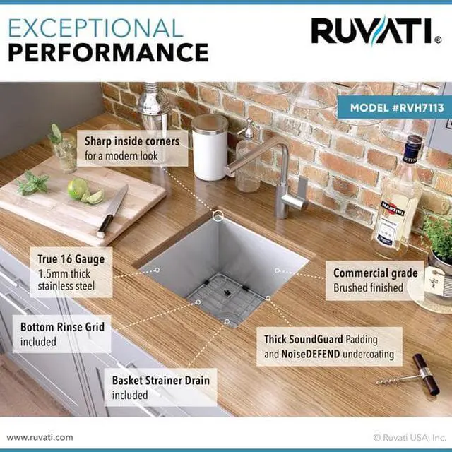 Alt view image 3 of 7 - RUVATI RVH7113 13"x15" Undermnt 16 Ga Zero Radius Bar Prep Kitchen Sink SS Sngl