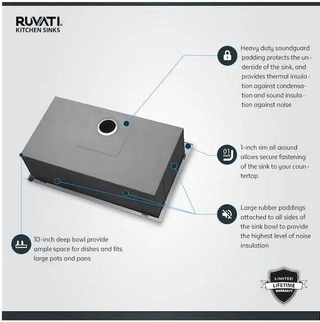 Alt view image 4 of 12 - ruvati 33 x 22 inch dropin topmount 16 gauge zeroradius stainless steel kitchen sink single bowl  rvh8001