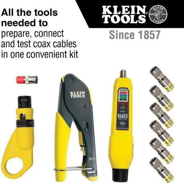 Alt view image 8 of 12 - Klein Tools VDV002-818 Coax Install and Test Kit with Crimp Tool, Includes Tester, Stripper and Universal F Connectors