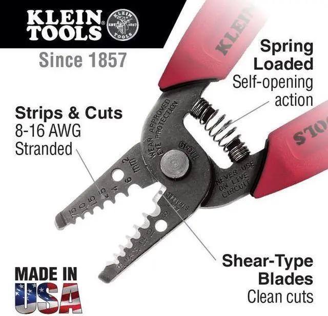 Alt view image 8 of 10 - KLEIN TOOLS 11049 6 1/4 in Wire Stripper Strips and Cuts: 16 to 8 AWG
