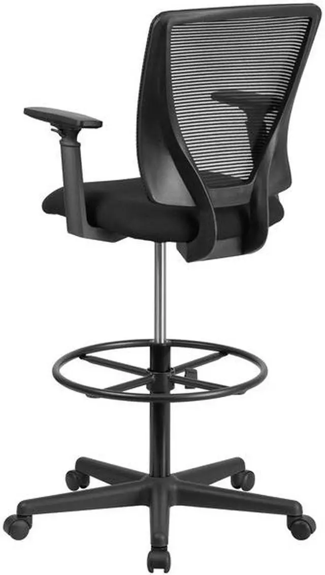 Alt view image 20 of 20 - Ergonomic Mid-Back Mesh Drafting Chair with Black Fabric Seat, Adjustable Foot Ring and Adjustable Arms