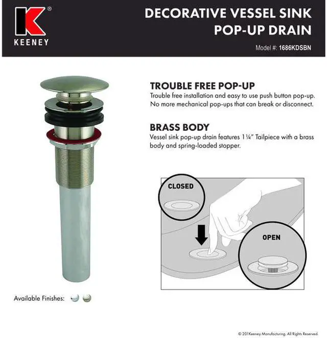Alt view image 5 of 6 - keeney 1686kdsbn vessel bathroom sink pop up drain, push control, brushed nickel