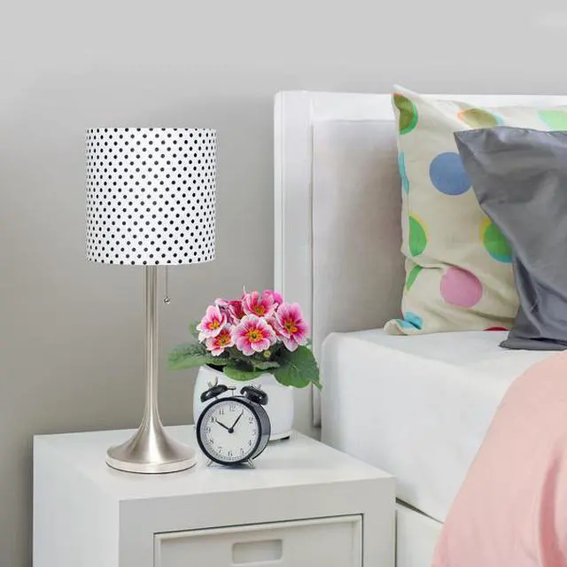 Alt view image 12 of 20 - Simple Designs Brushed Nickel Tapered Table Lamp with Polka Dot Fabric Drum Shade