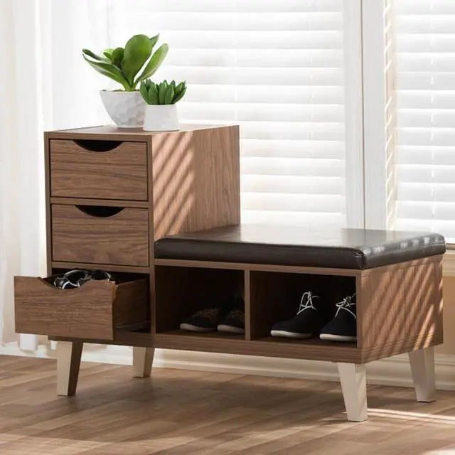 Alt view image 20 of 20 - Baxton Studio Arielle Modern and Contemporary Walnut Brown Wood 3-Drawer Shoe Storage Padded Leatherette Seating Bench with Two Open Shelves