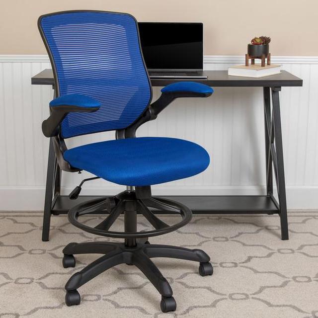 Alt view image 18 of 20 - Mid-Back Blue Mesh Ergonomic Drafting Chair with Adjustable Foot Ring and Flip-Up Arms