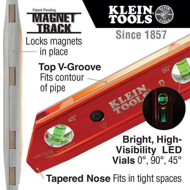 Alt view image 12 of 12 - Klein Tools 935RBLT Lighted Torpedo Billet Level, REM
