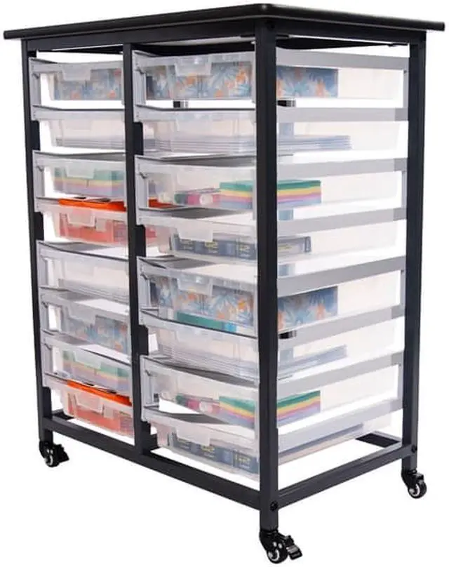 Alt view image 11 of 12 - Luxor Furniture Mobile Bin Storage Unit - Double Row Casters and Locking Brakes with Small Clear Bins - Dark Gray