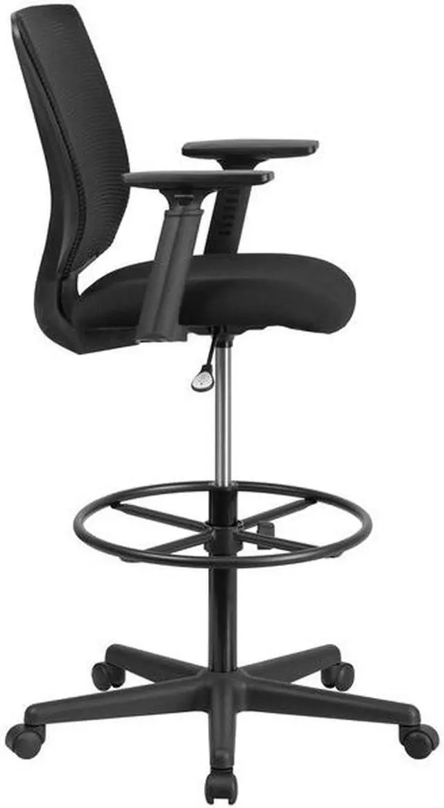 Alt view image 19 of 20 - Ergonomic Mid-Back Mesh Drafting Chair with Black Fabric Seat, Adjustable Foot Ring and Adjustable Arms