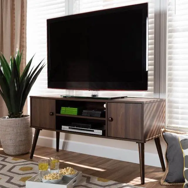Alt view image 10 of 10 - Baxton Studio Alard Mid-Century Modern Walnut Brown Finished 2-Door Wood TV Stand