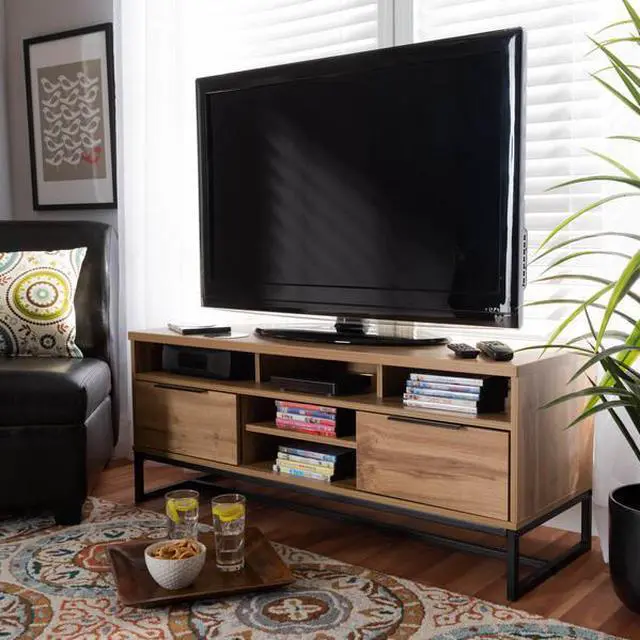 Alt view image 14 of 18 - Baxton Studio Reid Modern and Contemporary Industrial Oak Finished Wood and Black Metal 2-Drawer TV Stand