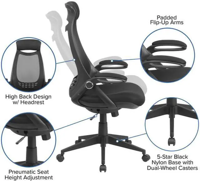 Alt view image 5 of 16 - Ivan High Back Black Mesh Executive Swivel Office Chair with Flip-Up Arms