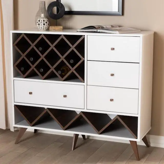 Alt view image 19 of 20 - Baxton Studio Savino Mid-Century Modern White and Walnut Finished Wood Wine Cabinet