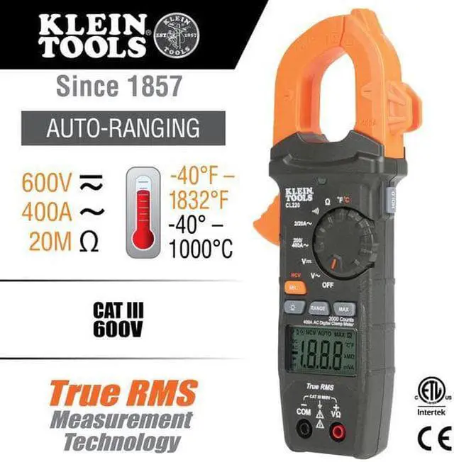 Alt view image 12 of 13 - Klein Tools CL220 400 Amp Auto-Ranging Digital Clamp Meter with Temperature/Non-Contact Voltage Detector