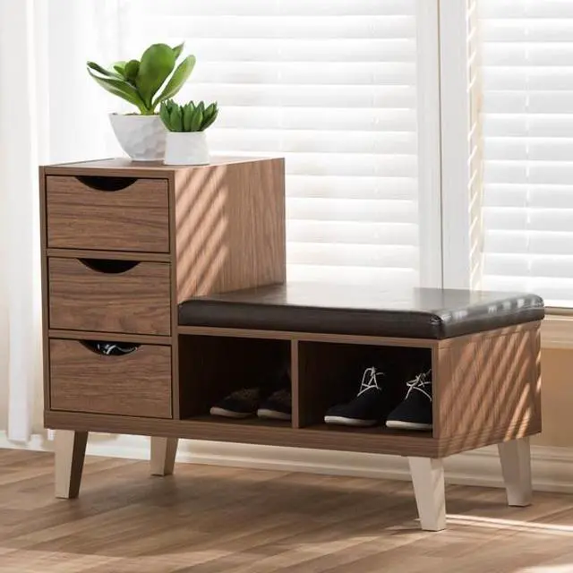 Alt view image 19 of 20 - Baxton Studio Arielle Modern and Contemporary Walnut Brown Wood 3-Drawer Shoe Storage Padded Leatherette Seating Bench with Two Open Shelves