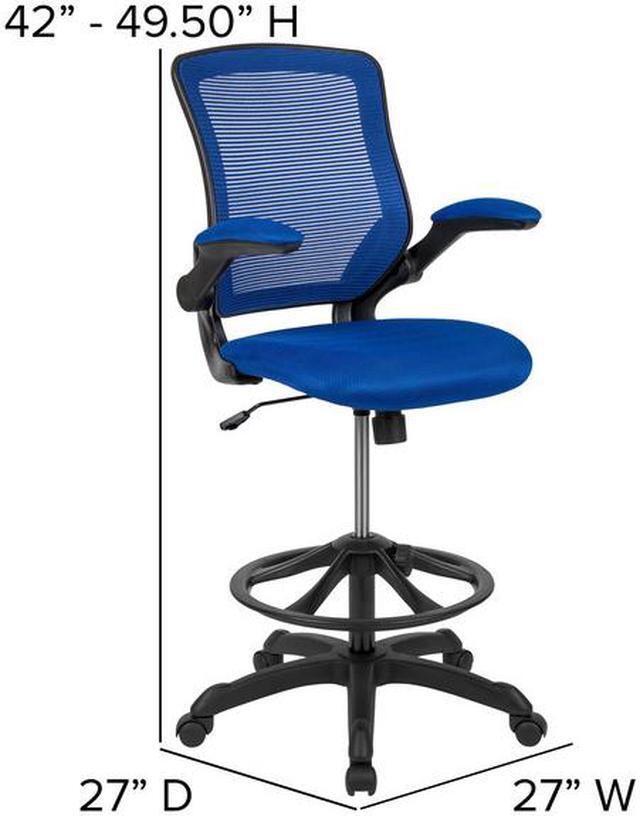 Alt view image 17 of 20 - Mid-Back Blue Mesh Ergonomic Drafting Chair with Adjustable Foot Ring and Flip-Up Arms