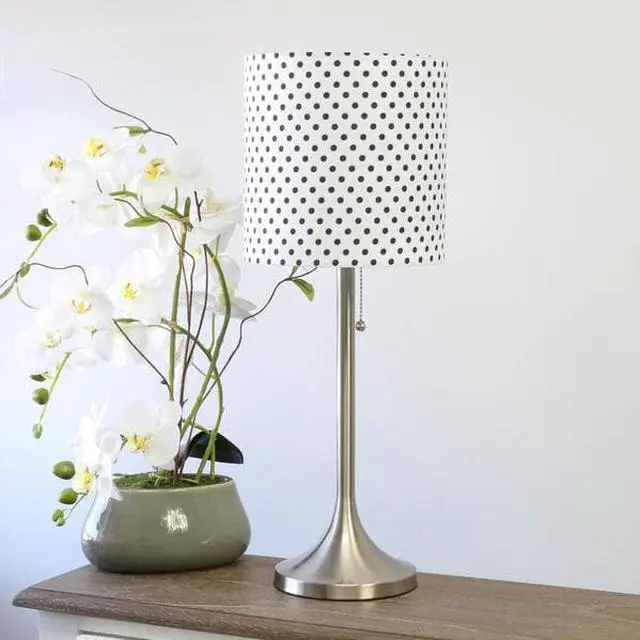 Alt view image 8 of 20 - Simple Designs Brushed Nickel Tapered Table Lamp with Polka Dot Fabric Drum Shade