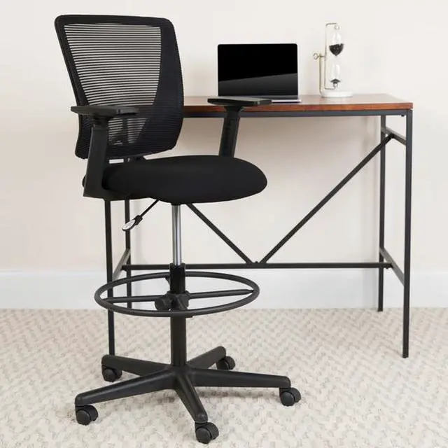 Alt view image 18 of 20 - Ergonomic Mid-Back Mesh Drafting Chair with Black Fabric Seat, Adjustable Foot Ring and Adjustable Arms