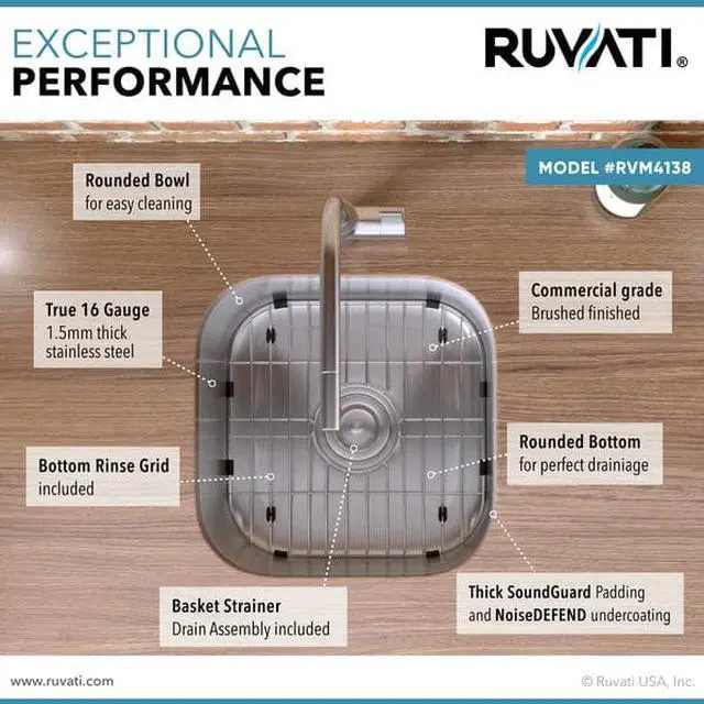 Alt view image 4 of 8 - Ruvati RVM4138 16 x 16 in. Bar Prep Sink Undermount 16 Gauge Stainless Steel
