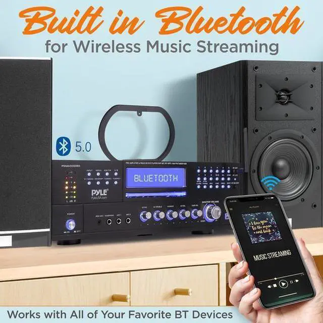 Alt view image 4 of 18 - Pyle PWMA5000BA 3000 Watt Peak Power Pro Audio Bluetooth USB Home Theater Preamplifier AM/FM Stereo Multimedia Receiver System with 2 Wireless Mics
