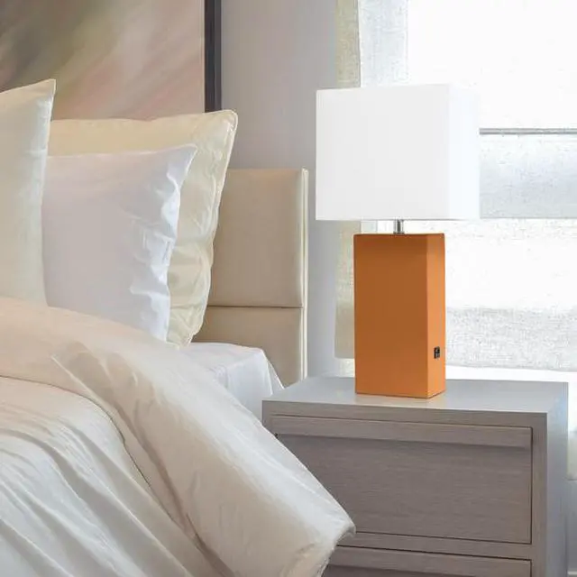 Alt view image 11 of 20 - Elegant Designs Modern Leather Table Lamp with USB and White Fabric Shade, Tan